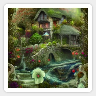 Sparkling Fantasy Cottage with Lights and Glitter Background in Forest, Scenery Nature Sticker